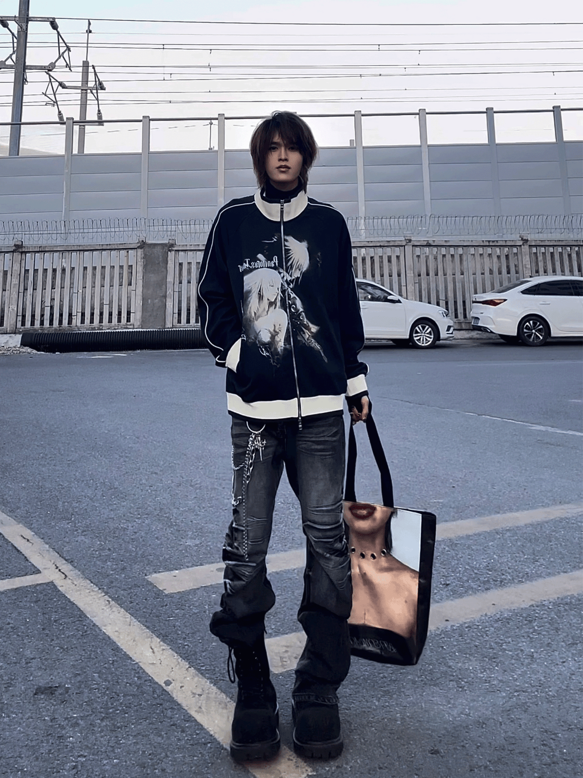 EVAP-Vintage Anime Print Track Jacket Navy Retro Harajuku Streetwear Zip Up