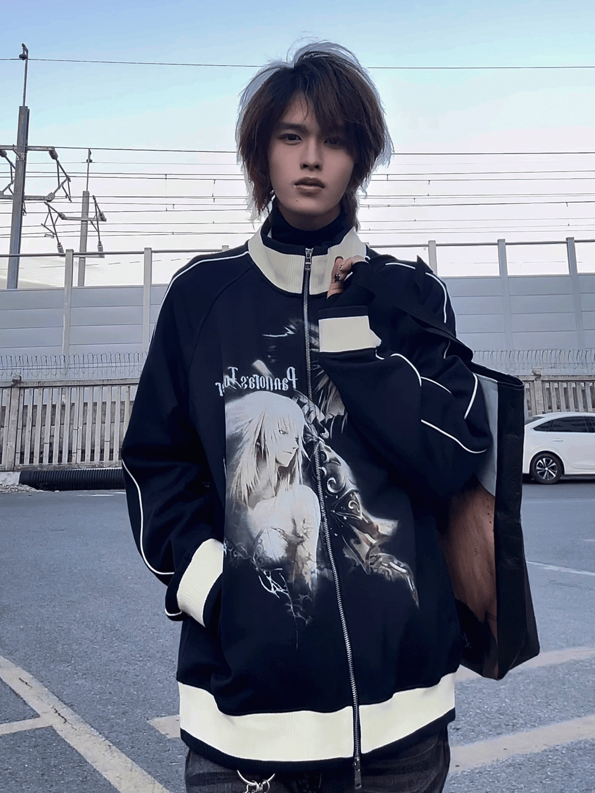EVAP-Vintage Anime Print Track Jacket Navy Retro Harajuku Streetwear Zip Up